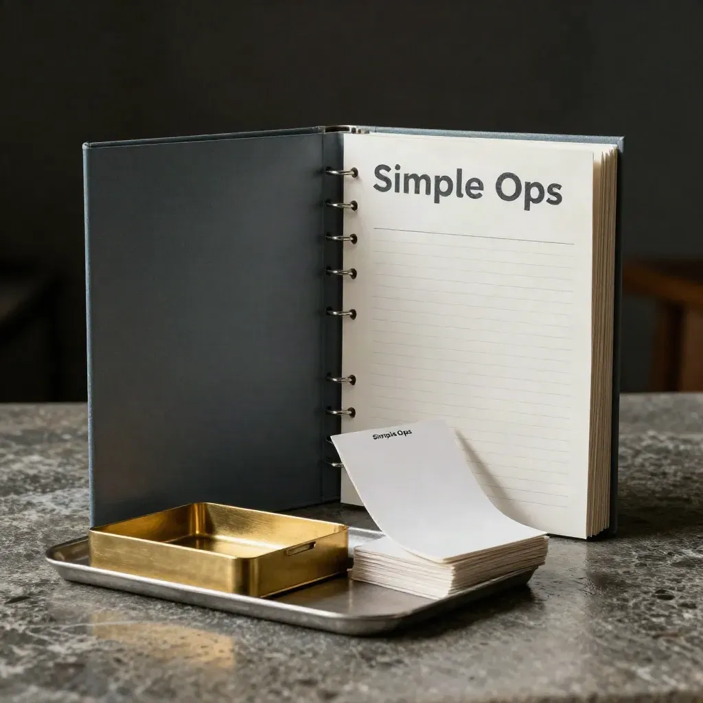 Matte-slate project binder with brass tray and blank cards on brushed stone in dramatic studio light