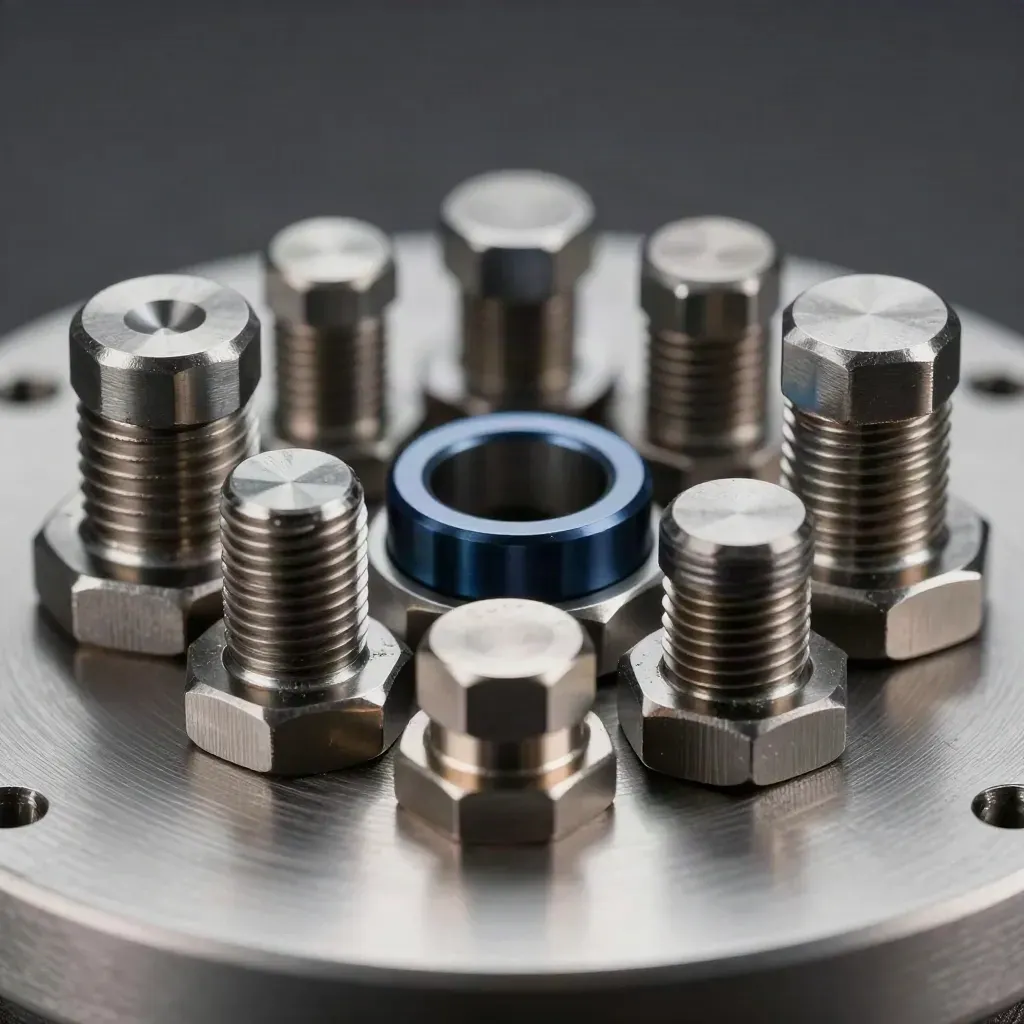 Machined spacers and hex bolts aligned on brushed steel under skimming light.