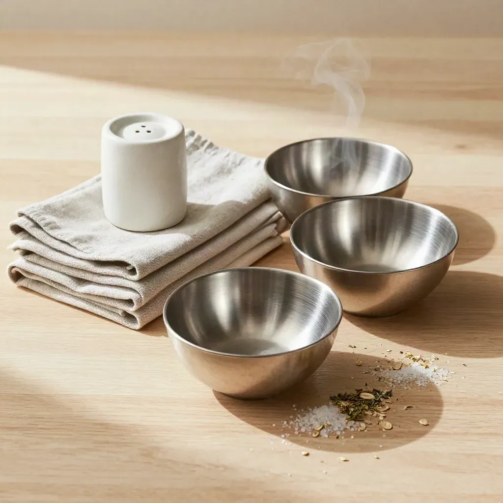 Overhead still life of linen cloths, salt cellar and steel prep bowls on pale wood with steam.
