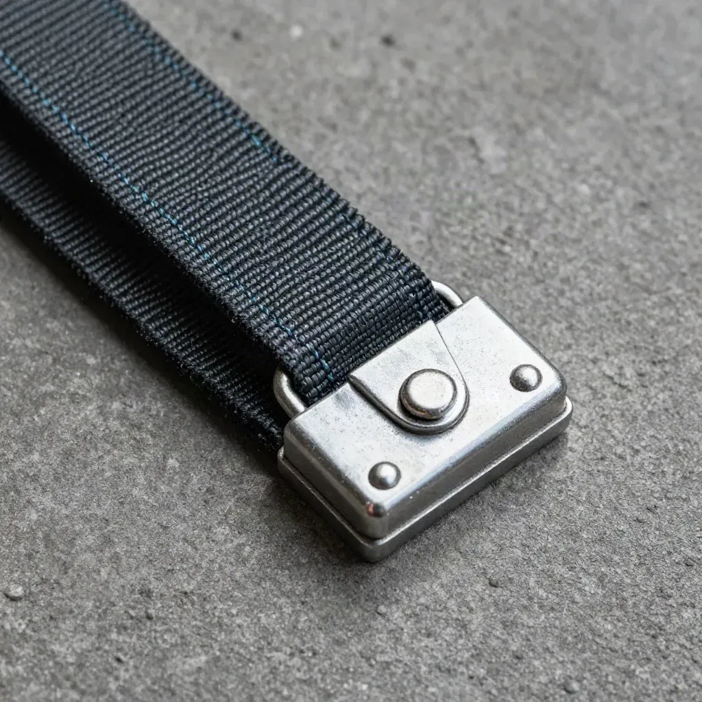 Top-down macro of cargo straps, crate latch and aluminium corner guards on dark concrete.