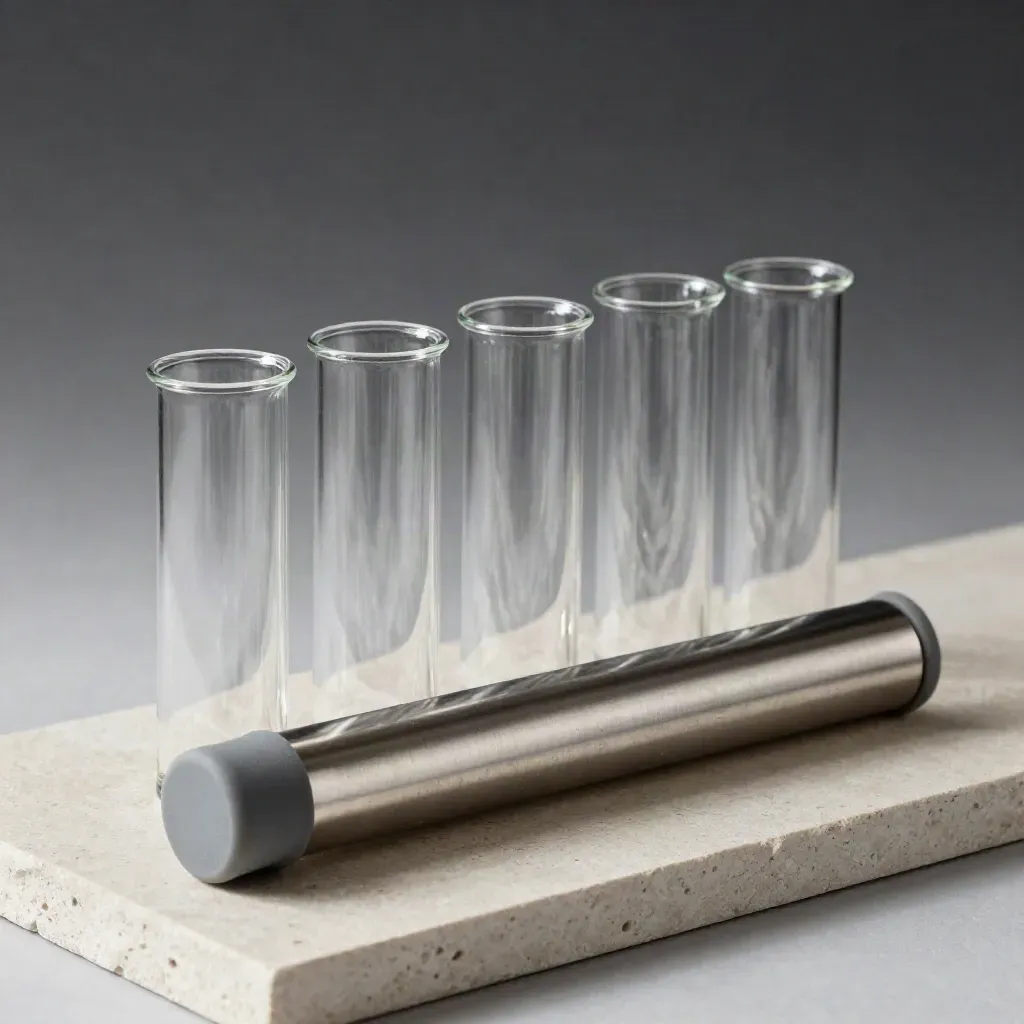 Lab sample vials, aluminium tube and stopper tray on pale stone with cool haze.