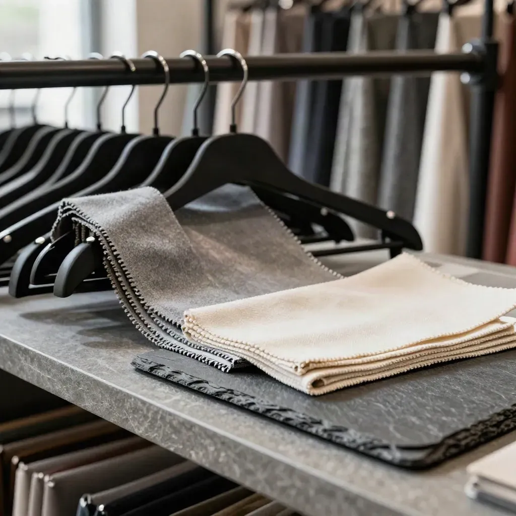 Fabric swatches and matte hangers on slate in a premium retail still life, softly lit.
