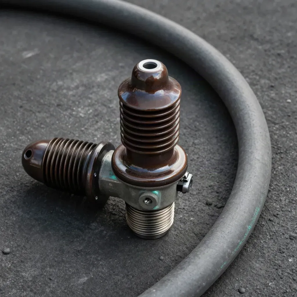 Ceramic insulator, cable glands, and grey conduit on dark concrete, lit dramatically.
