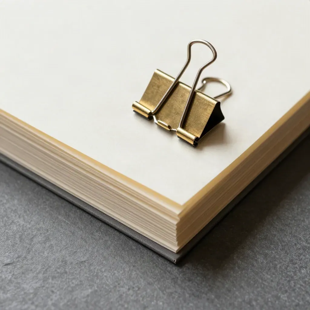 Brass binder clip holding two blank dividers and a white tab spacer on graphite stone.