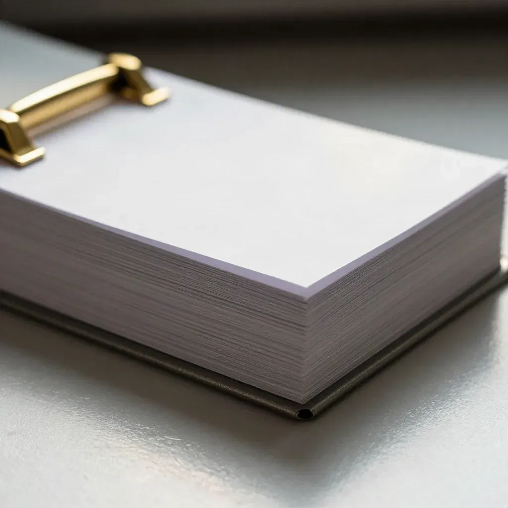 Blank instruction cards, binder spine and brass clips on brushed metal in macro light.