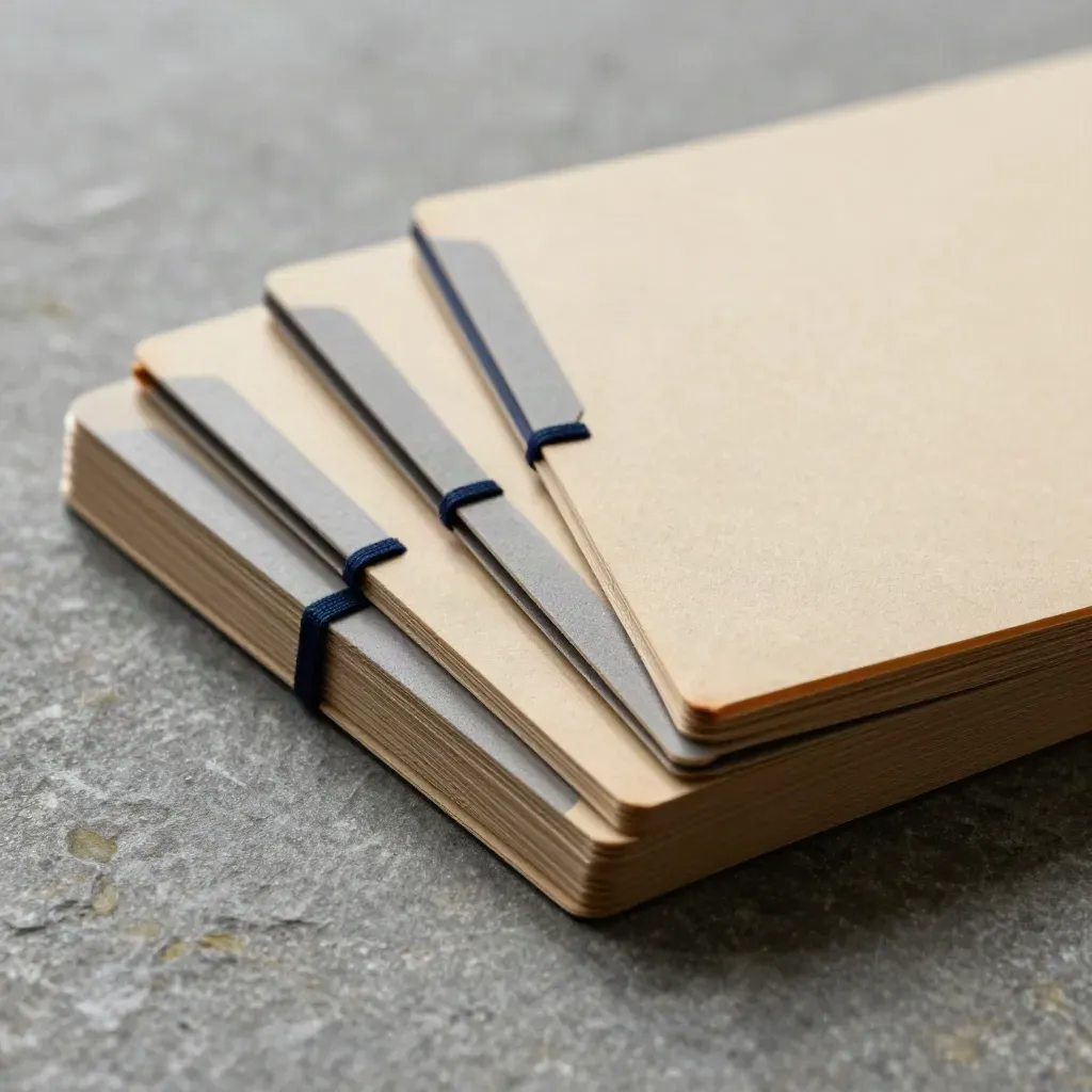 Paper routing tabs, elastic band, and divider spine on stone in close-up.