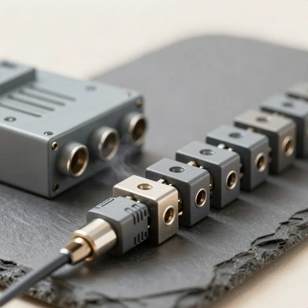 Macro of automation connectors, relay block, and cable ties on dark slate
