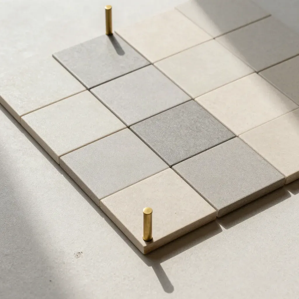 Top-down macro of KPI-style tiles, brass counters, and separators on pale concrete.