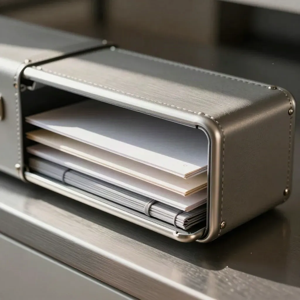 Portable file case with nested trays and cord bundles on brushed metal, low diagonal close-up.