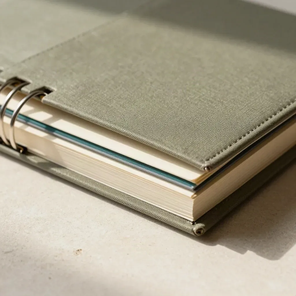 Closed training notebook, tabbed dividers and ring binder on pale stone under soft overhead light.