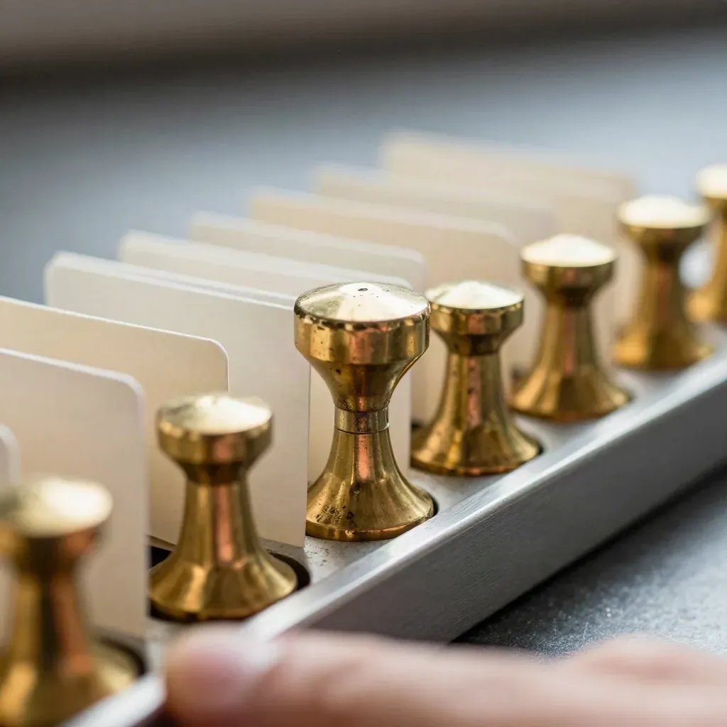 Brass tally counters and file tabs in an aluminium tray grid, lit with a slate-toned glow.