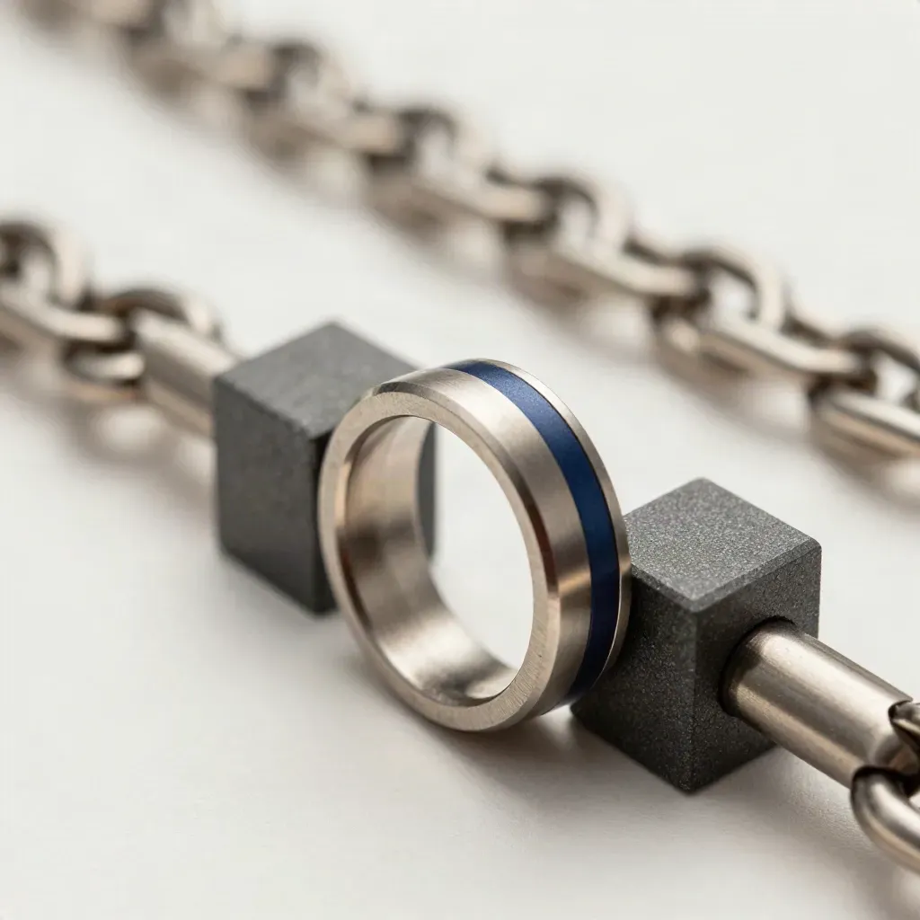 Macro of interlocking metal rings, connector bar and graphite blocks on brushed metal.