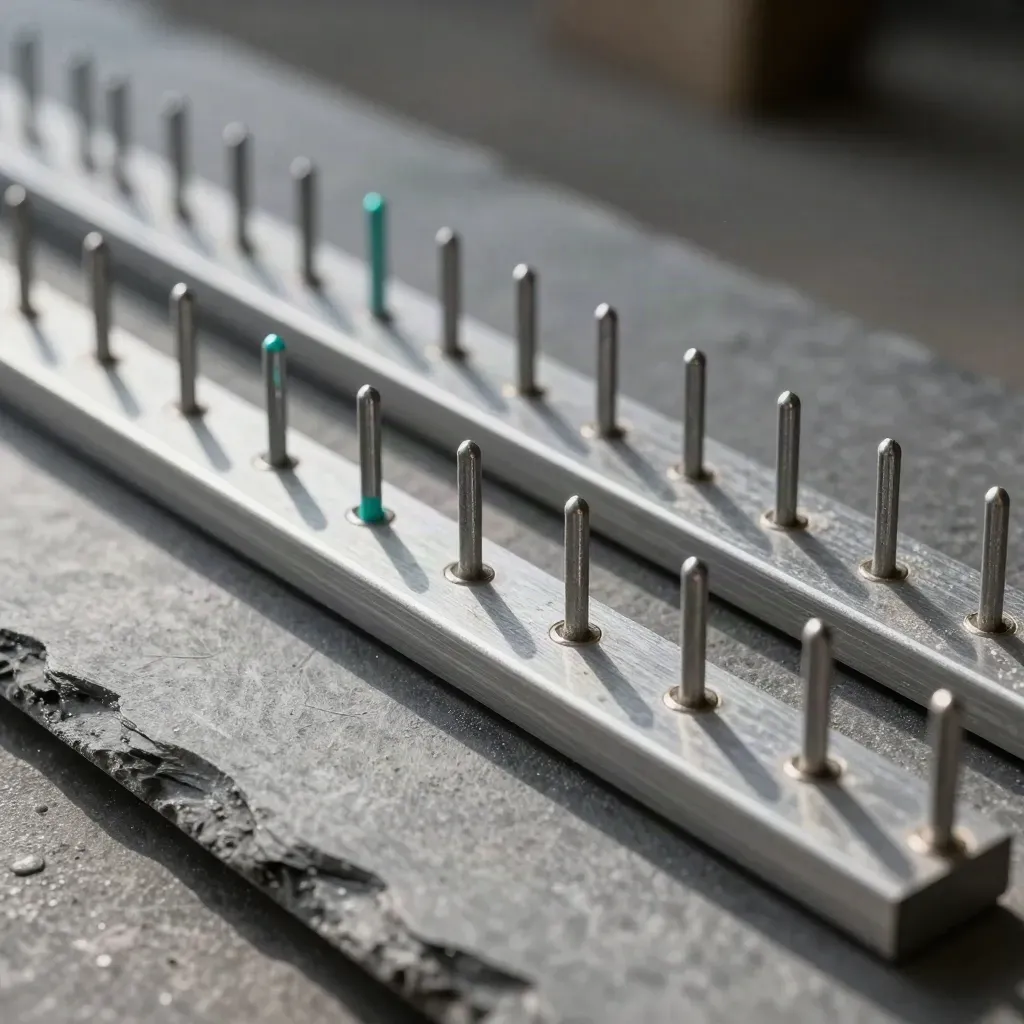Macro of metal pegs and stepped rails on slate concrete, lit by soft upper-left daylight.