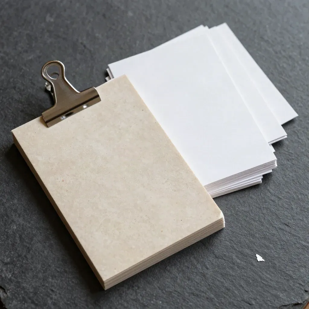 Overhead still life of paper modules, metal clip and blank cards on dark stone