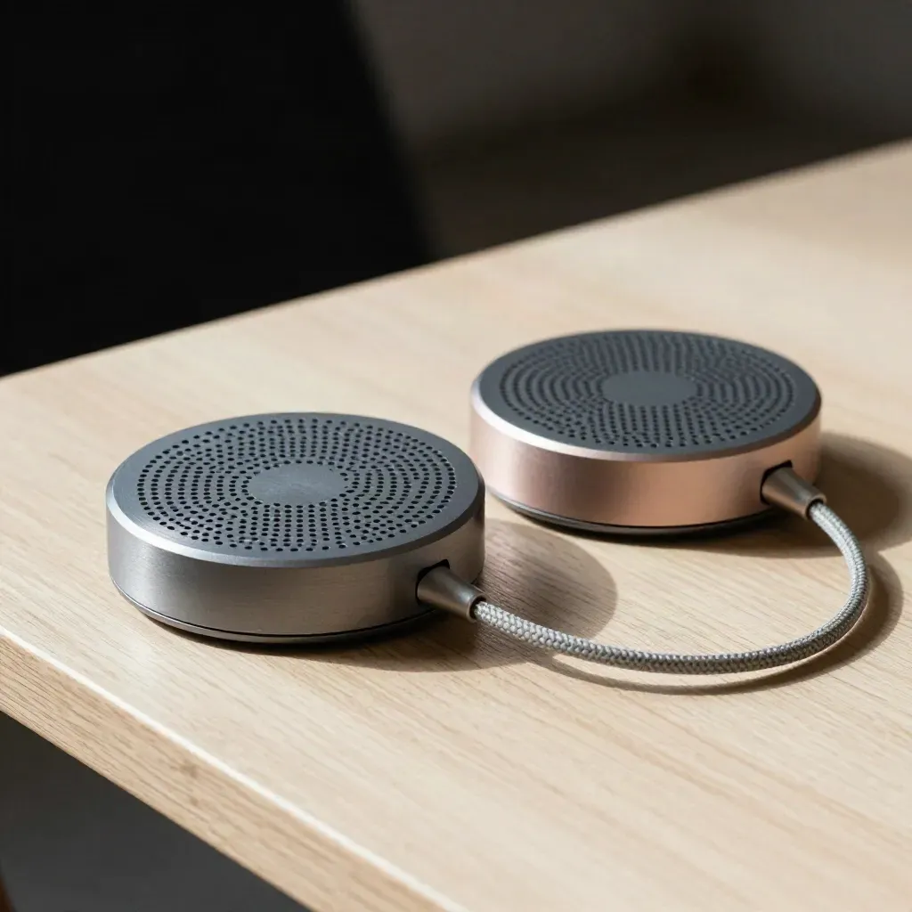 Brushed metal rings, a conference speaker puck, and a cable loop on pale oak in soft daylight.