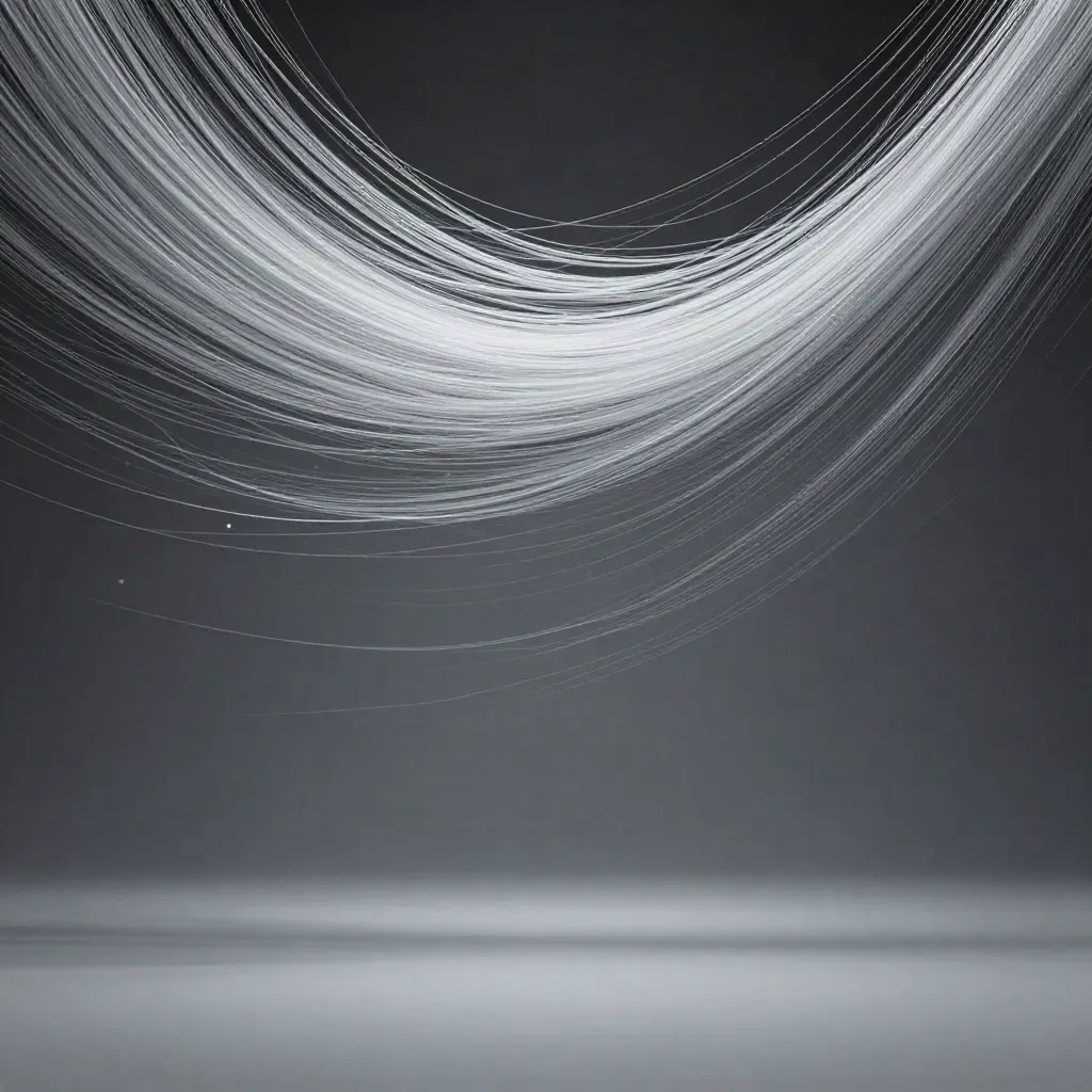 Silver filaments stream into a soft white bloom in dark charcoal space, with empty copy space below.